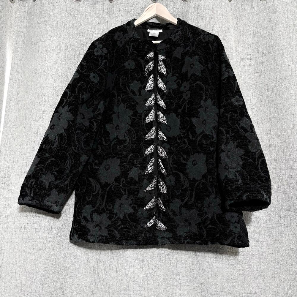 Ulla Popken Jacket Women 16/18 Black Silk Gray Open Front Wearable Art Tapestry